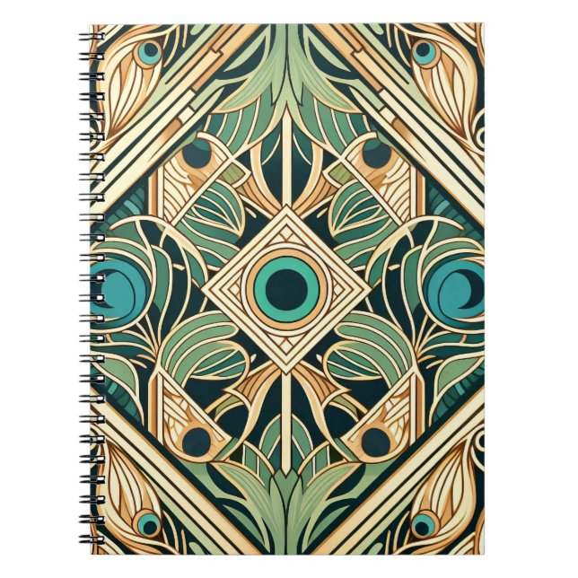 Gold and green peacock abstract feathers texture notebook (Front)
