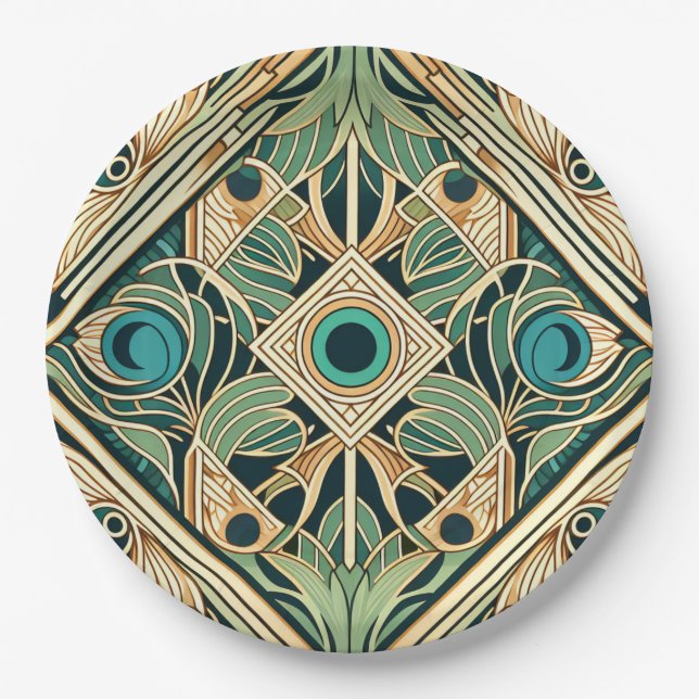Gold and green peacock abstract feathers texture paper plate (Front)