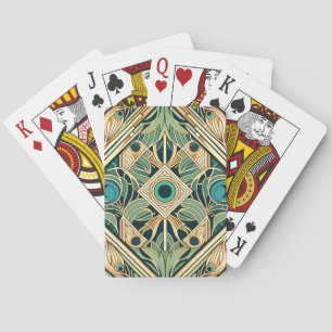 Gold and green peacock abstract feathers texture playing cards