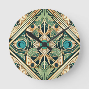 Gold and green peacock abstract feathers texture round clock