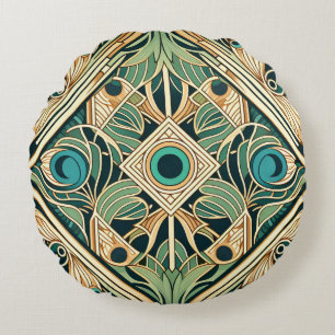 Gold and green peacock abstract feathers texture round cushion