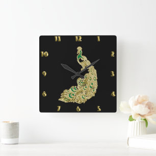 Gold and green peacock glimmering brightly  square wall clock