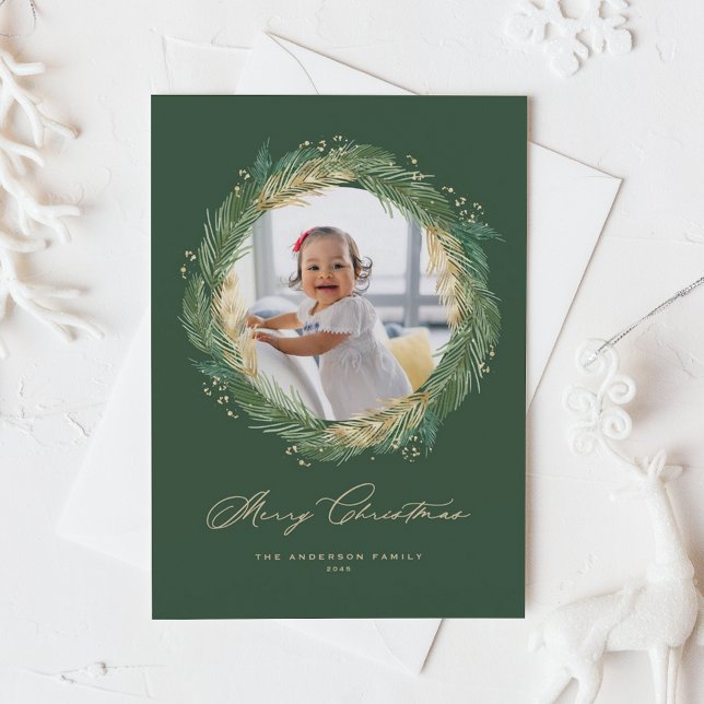 Gold and Green Pine Needles Wreath Christmas Photo (Faux Gold Foil Pine Needles Wreath Merry Christmas Photo Holiday Card)