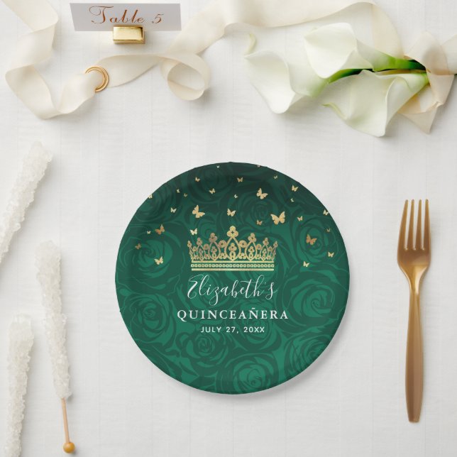 Gold and Green Quinceanera Birthday Party Template Paper Plate (Wedding)