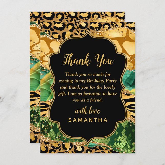 Gold and Green Safari Agate Birthday Thank You Card (Front/Back)
