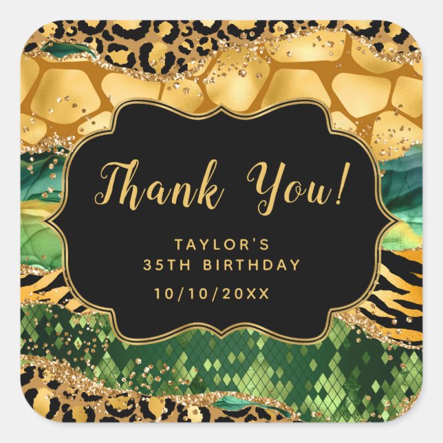 Gold and Green Safari Agate Birthday Thank You Square Sticker (Front)