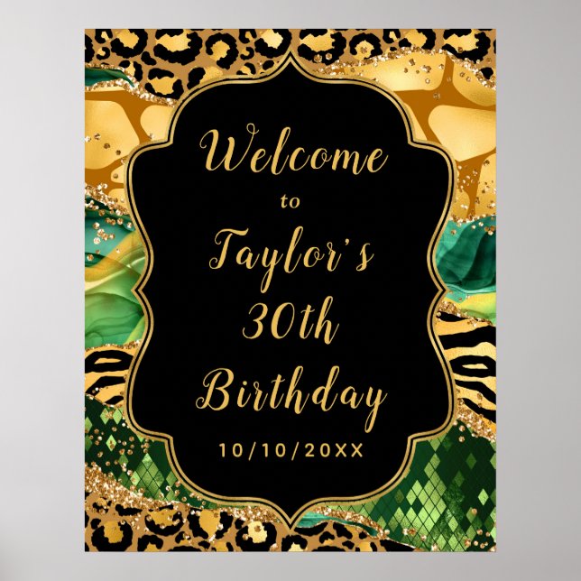 Gold and Green Safari Agate Birthday Welcome Poster (Front)