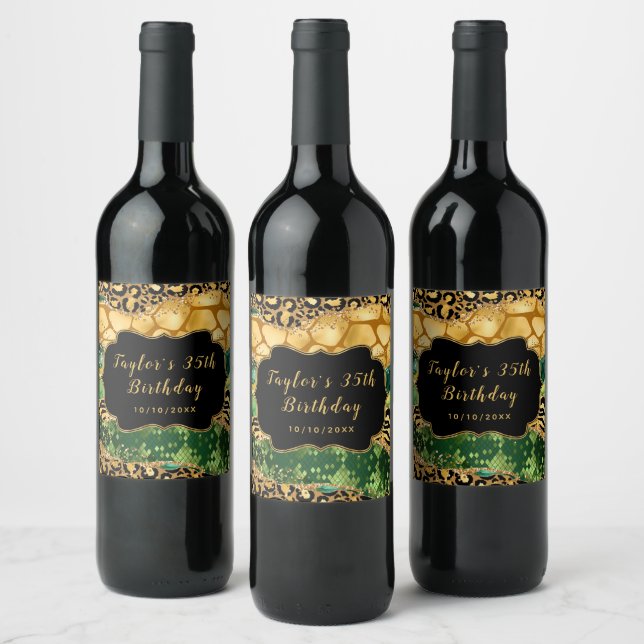 Gold and Green Safari Agate Birthday Wine Label (Bottles)