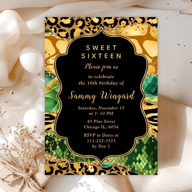Gold and Green Safari Agate Sweet Sixteen Invitation (Creator Uploaded)
