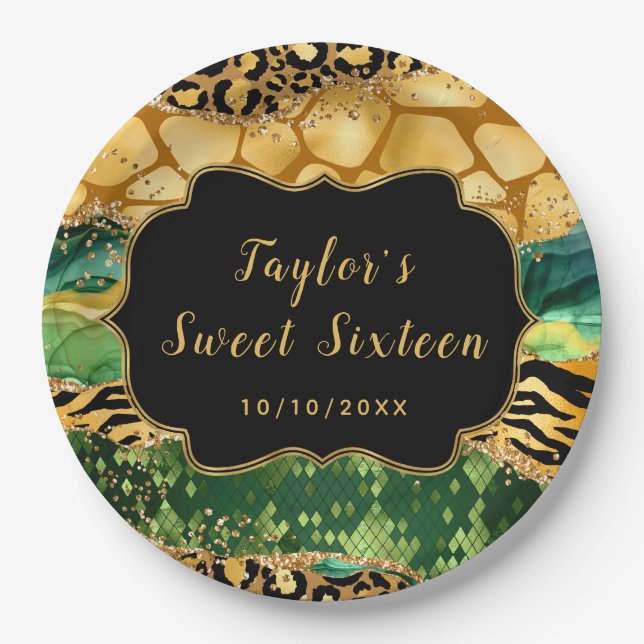 Gold and Green Safari Agate Sweet Sixteen Paper Plate (Front)