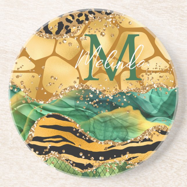 Gold and Green Safari Animal Print Agate Coaster (Front)
