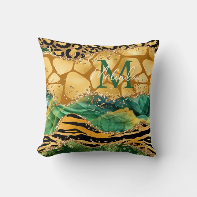 Gold and Green Safari Animal Print Agate Cushion (Front)