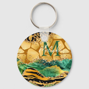 Gold and Green Safari Animal Print Agate Key Ring