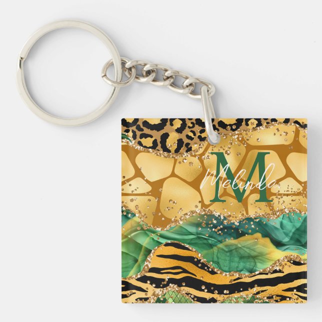 Gold and Green Safari Animal Print Agate Key Ring (Front)