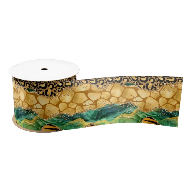 Gold and Green Safari Animal Print Agate Satin Ribbon (Spool)