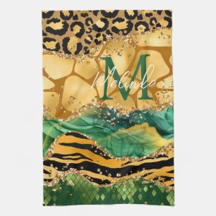 Gold and Green Safari Animal Print Agate Tea Towel
