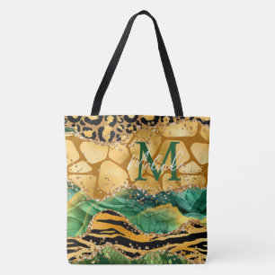 Gold and Green Safari Animal Print Agate Tote Bag