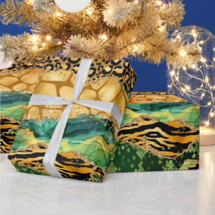 Gold and Green Safari Animal Print Agate Wrapping Paper