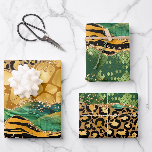 Gold and Green Safari Animal Print Agate Wrapping Paper Sheet (Front)