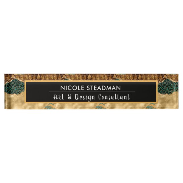 Gold and Green Safari Jungle Animal Print Agate Nameplate (Front)