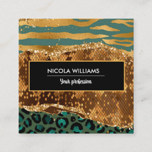 Gold and Green Safari Jungle Animal Print Agate Square Business Card