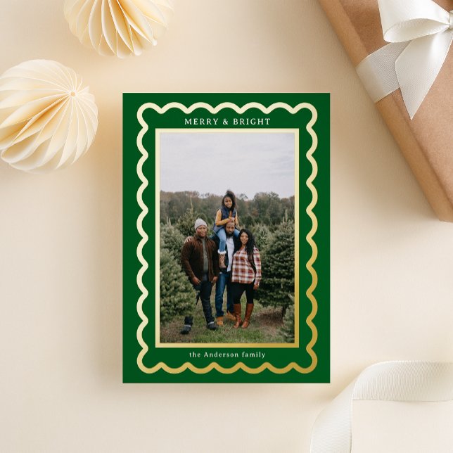 Gold and Green Simple Scallop Photo Frame Foil Holiday Card (Creator Uploaded)