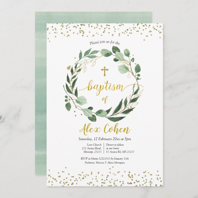 Gold and Greenery Baptism Invitation (Front/Back)