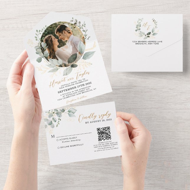 Gold and Greenery Eucalyptus QR Code Photo Wedding All In One Invitation (Creator Uploaded)