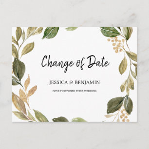 Gold and Greenery Leaves Change of Date Postcard