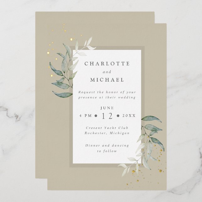 Gold and greens watercolor leaves wedding (Front/Back)