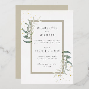 Gold and greens watercolor leaves wedding foil inv