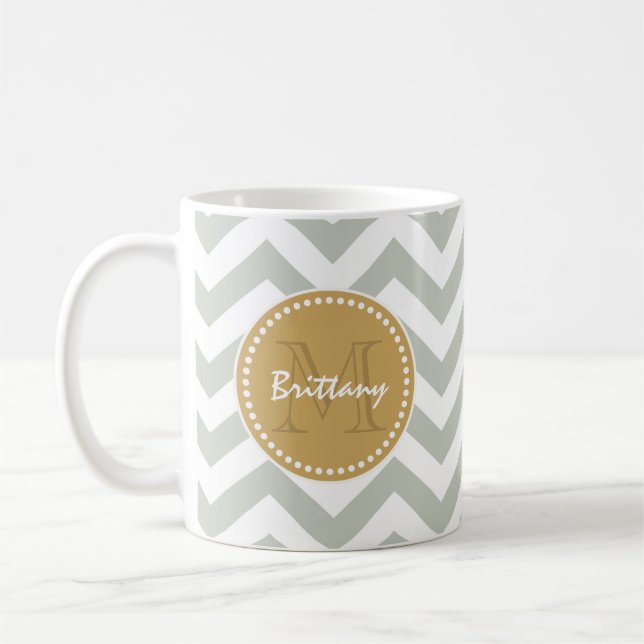 Gold and Grey Classic Chevron & Custom Monogram Coffee Mug (Left)