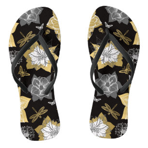 Gold And Grey Flowers Thongs