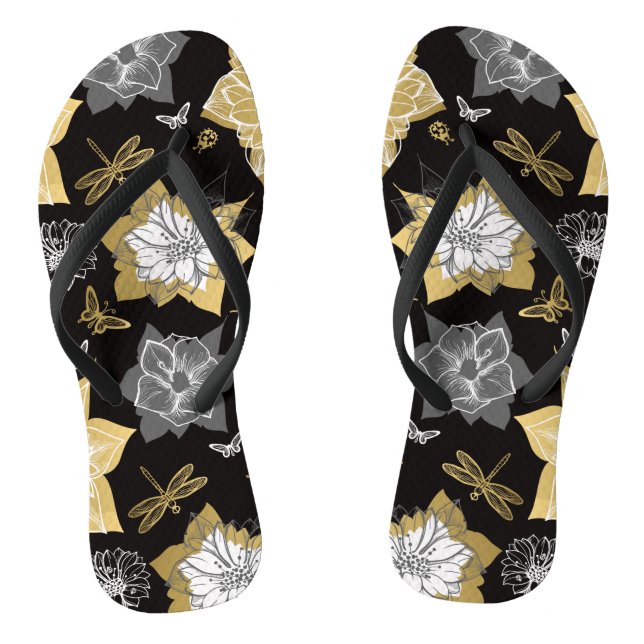 Gold And Grey Flowers Thongs (Footbed)
