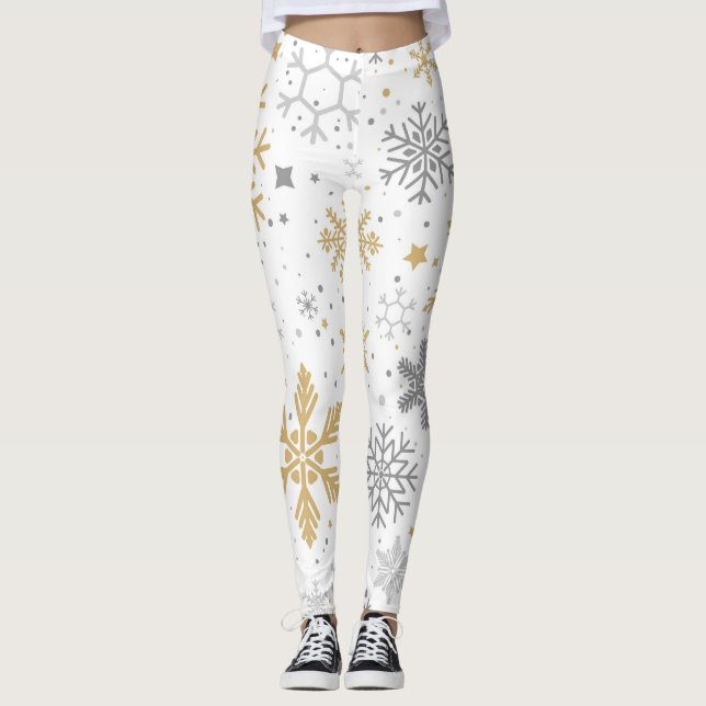 Gold and Grey Snowflakes in White Background Leggings (Front)
