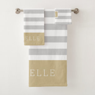 Gold and Grey Stripes Monogram Editable Colours Bath Towel Set