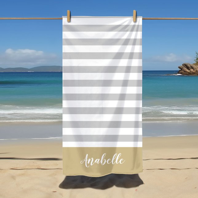 Gold and Grey Stripes Monogram | Editable Colours Beach Towel (Creator Uploaded)