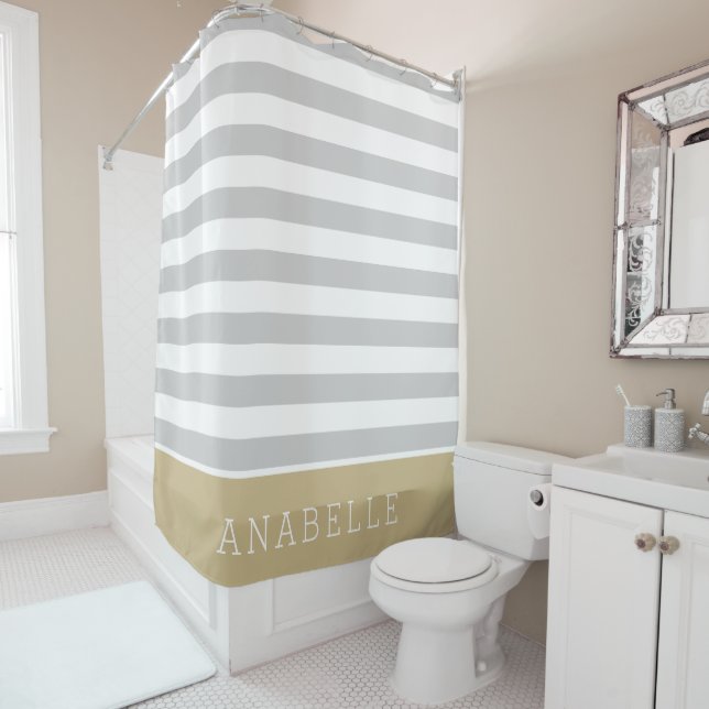 Gold and Grey Stripes Monogram | Editable Colours Shower Curtain (In Situ)
