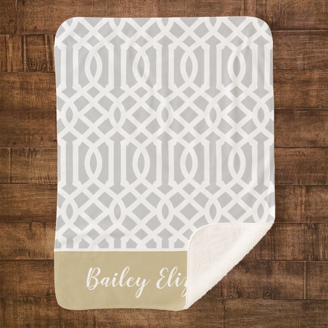 Gold and Grey Trellis Monogram | Editable Colours Sherpa Blanket (Creator Uploaded)