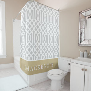 Gold and Grey Trellis Monogram   Editable Colours Shower Curtain