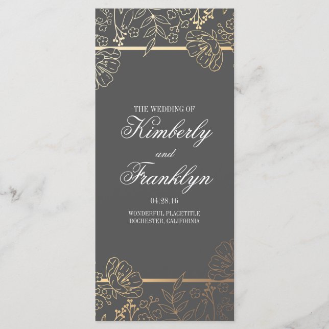 Gold and Grey Vintage Floral Wedding Programs (Front)