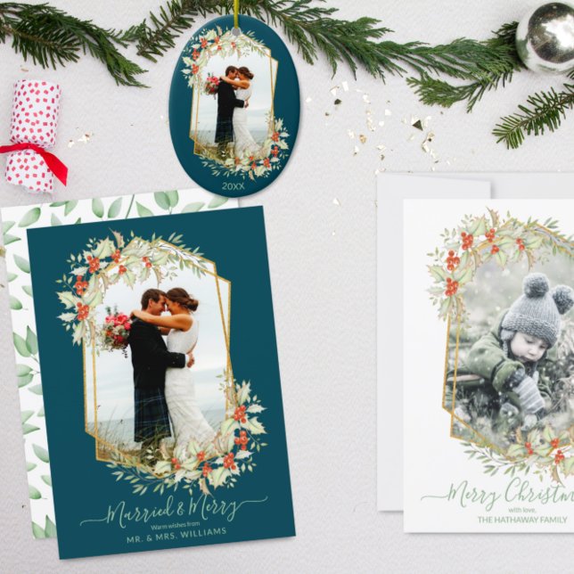 Gold and Holly Married & Merry | Geometric Photo Holiday Card (Creator Uploaded)