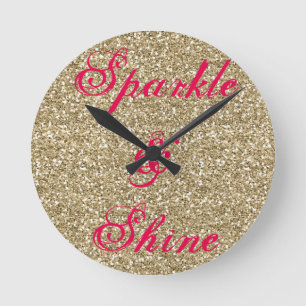 Gold and Hot Pink Glitter Sparkle and Shine Round Clock