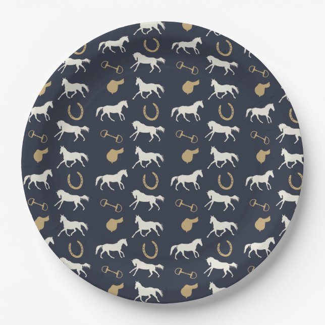Gold and Ivory English Horses Pattern Paper Plate (Front)