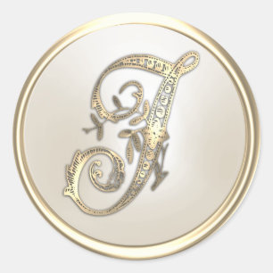 Gold and Ivory Ornate Initial Monogram J Classic Round Sticker