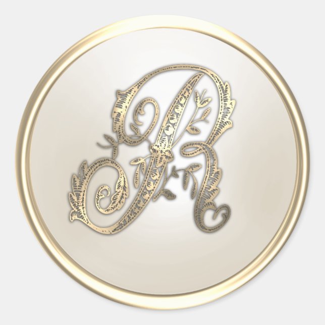 Gold and Ivory Ornate Initial Monogram R Classic Round Sticker (Front)