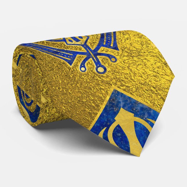 Gold and Lapis Lazuli Khanda symbol pattern Tie (Rolled)