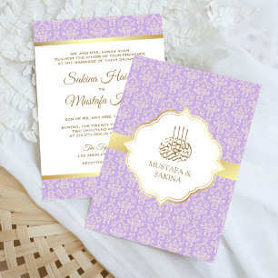 Gold and Lavender Damask Islamic Muslim Wedding Invitation