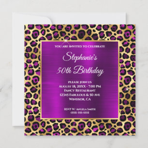 Gold and Magenta Purple Leopard Glam 50th Birthday Invitation