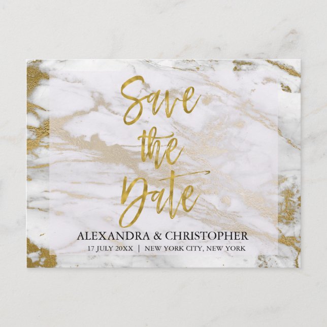 Gold and Marble Elegant Save the Date Card (Front)